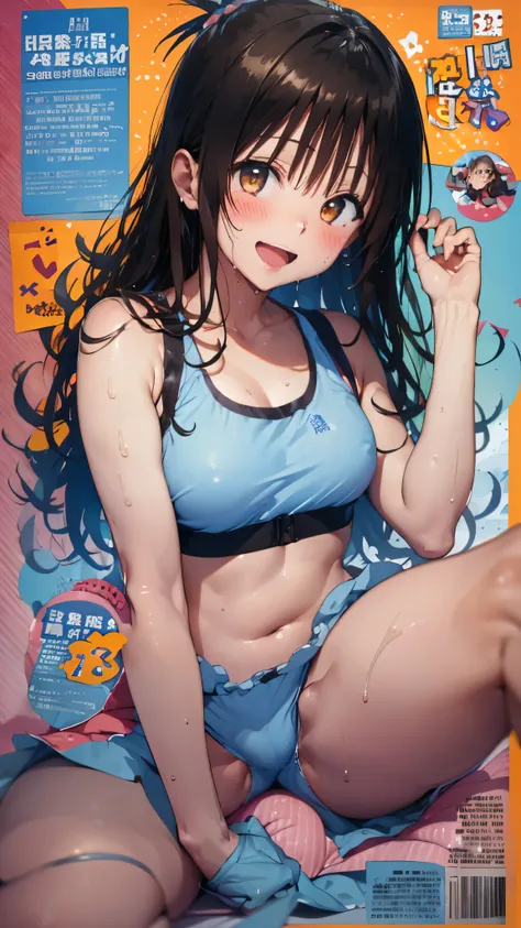 1 female,black hair,((12 years old)),(((white and blue sports bra and shorts)))(((blush、open mouth smile)),(((Yuki Mikan))),crowd(baby girl body shape)(((small breasts)))squat,look back((wet with sweat))outdoor playground,Mansuji