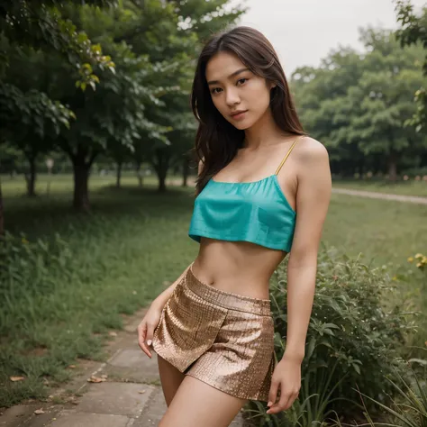 beautiful half Asian girl with defined jaw, modest but seductive, Modeling shot, Europe, designer colorful clothes, short skirt, crop top,  beautiful nature