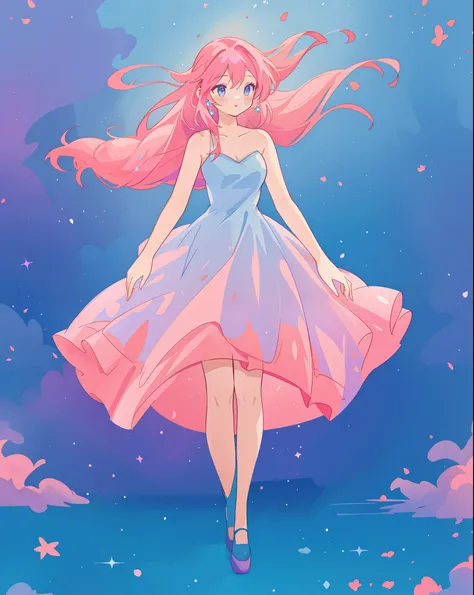 beautiful girl, gradient blue pink and purple ballgown, flowing pink red hair, otherworldly purples blues and greens landscape background, watercolor illustration, disney art style, glowing aura around her, flowing glowing hair, glowing flowing hair, fanta...