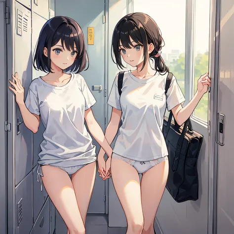 (master piece, high quality), multiple girls, school locker room, (white panties), white t-shirt, Change of clothes, soft light