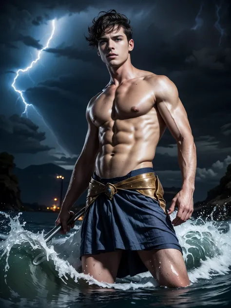 ((masterpiece)),((best quality)),8k, high detailed, ultra-detailed, Stylish Pose, real skin texture, dark cinematic lighting, 18-year-old italian male model, handsome, cute looking, divine look, powerful , (blue eyes:1.4), (god Poseidon:1.3), god of the se...