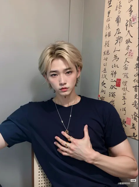 Hombre arafed con camisa azul y un collar con escritura china., cai xukun, yanjun chengt, xqc, kim doyoung, inspirado por Zhang Han, inspirado en Yanjun Cheng, inspirado en Bian Shoumin, Jung Jaehyun, heise jinyao, hyung tae, con pelo largo y blanco, TaeJu...