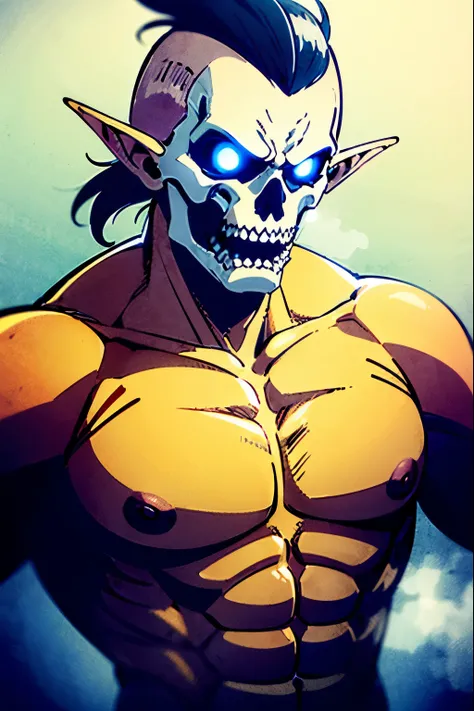 (upper body:1.3), 1 monster, (attack on titan artstyle) (the attack titan) skeletal face, sharp teeth, no nose, gaunt eyes, naked, no nipples, no belly button, titan, giant, Mohawk, male, muscular, athletic, glowing blue eyes, steam coming out of the mouth...