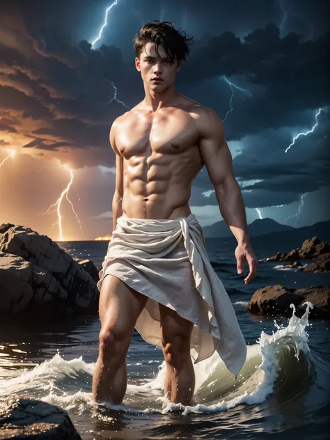 ((masterpiece)),((best quality)),8k, high detailed, ultra-detailed, Stylish Pose, real skin texture, dark cinematic lighting, 18-year-old italian male model, handsome, cute looking, divine look, powerful , (blue eyes:1.4), (god Poseidon:1.3), god of the se...