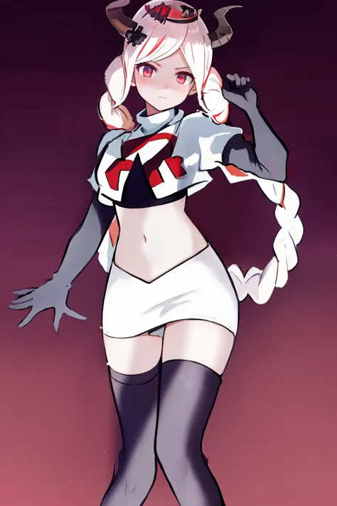 masterpiece, best quality, highres, 1girl twintails twin braids hair ornament demon horns crown, team rocket,team rocket uniform, red letter R, white skirt,white crop top,black thigh-highs,black elbow gloves,