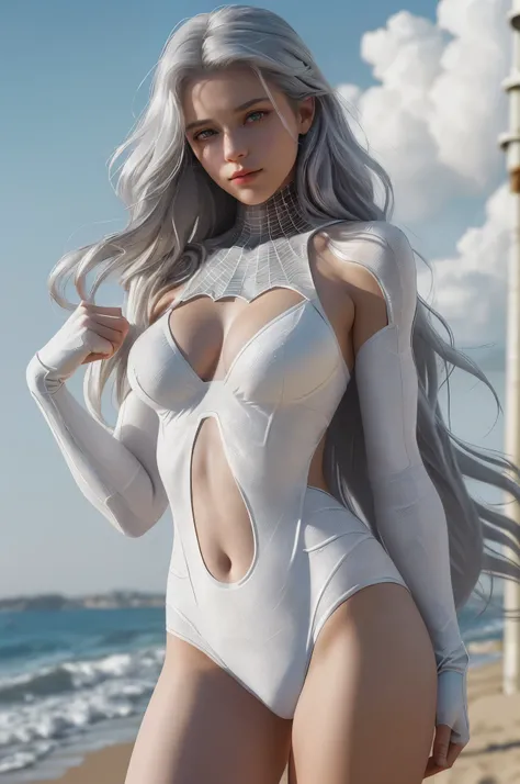 (Extreme Detail CG Unity 8K wallpaper, masterpiece, highest quality), (Exquisite lighting and shadow, highly dramatic picture, Cinematic lens effect), a beautiful girl in a white Spider-Man costume, white lingerie, silver gray hair color, long hair, from t...