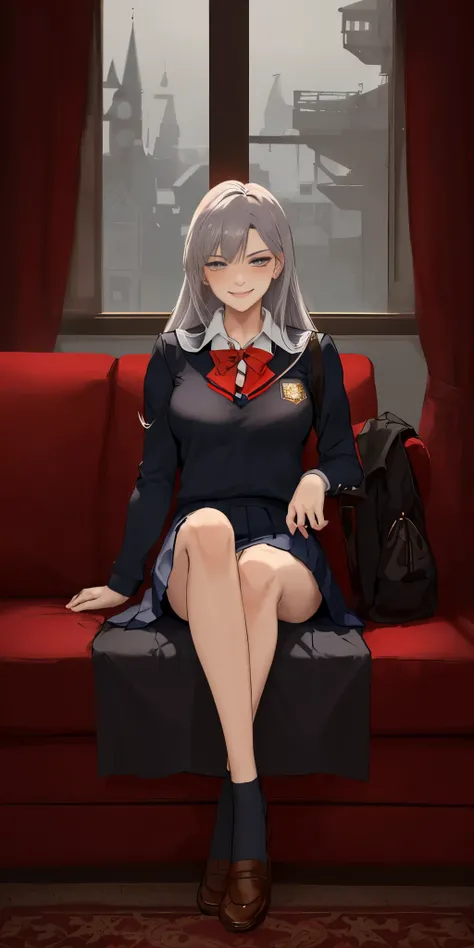 fictional Lady death, a lady sitting on red sofa, black attractive outfit, beautiful, grey eyes, proud, charming, intimate, appealing poses, relaxing(fantasy style)(lustful smirking smiley with face red blush)(wearing a schoolgirl uniform)(uniform tear apa...