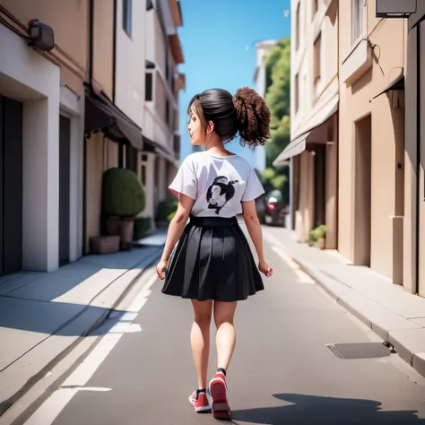 alley in front of the house, black hair, back view of a cute woman wearing a black skirt and white t-shirt walking,