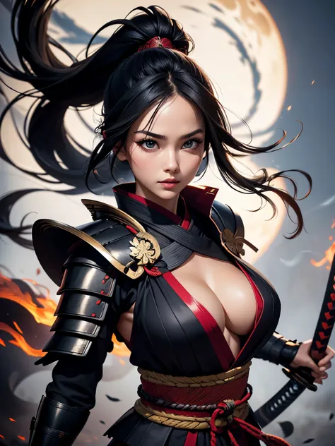 (best quality), (perfect body), (perfect face), (1girl), sexy samurai woman, wearing sexy samurai armor, holding a decorative samurai sword in the ready position, athletic body, long flowing black hair, smoke swirling around, leaves floating in the air, fi...