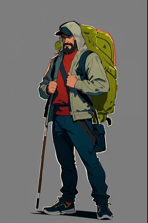 (masterpiece，top quality，best quality)  bold outline style，one person，hero，A middle-aged street businessman，weathered，Carrying a large backpack，The backpack contains all kinds of weird things，Full of beard，Full of vicissitudes，Sly expression，have a cane，We...