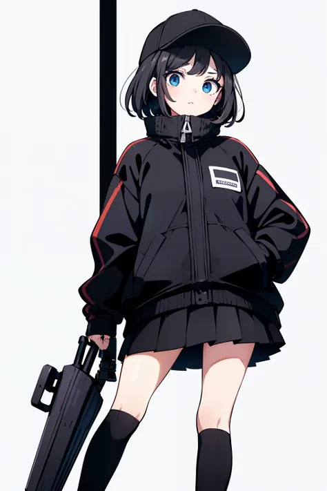 1girl, solo, blue eyes, (detailed eyes), flat chest, short hair, black hair, baseball cap, white cap, (waterproof jacket), large...