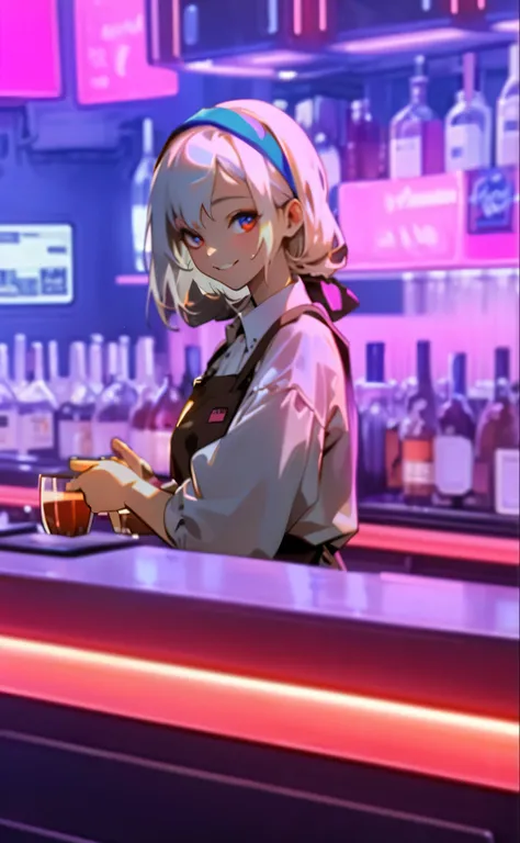 A woman with white hair, bartender, holding a wine glass in her hand, ((smile)), gentle smile, white apron, white shirt, bartender standing at the bar, cyber attire, black apron, beautiful face, beautiful eyes, Bartending, a cyber bar, bar counter, colorfu...