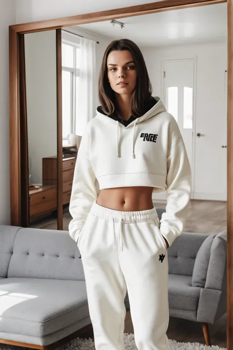 a woman standing in front of a mirror wearing a white sweatshirt and sweatpants, inspired by Louisa Matthíasdóttir, wearing a crop top, outlive streetwear collection, violet, full frontal shot, cozy 1 9 5 0s, rtx on, in a living room, full body photo, prof...