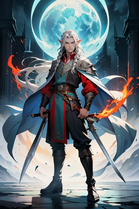 high quality, full length, head to toe, elven man, blue eyes, serious expression, strong jaw, long silvery hair half pulled back in a braid, brandishing two swords, wearing red blue green yellow robes, boots, face forward, full length