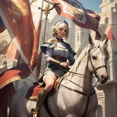 (((Fleur-de-lis))) a dynamic image of beautiful Joan of Arch with short (bobbed) brunette hair, wearing white armor with a red cross emblazoned on the chest-plate, riding a realistic beautiful white Rearing white horse who is standing, holding aloft a bran...