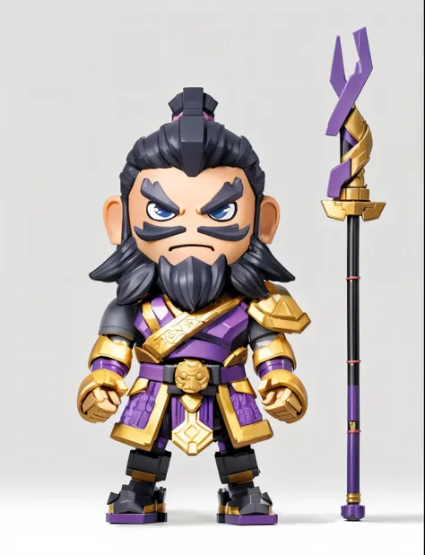 3d style，Brooke Infinite Heroes，Mecha warrior building block toy man，Purple ancient armor，Hand-held cold weapons，Eight snake spears，（Black thick beard，Thick eyebrows，open mouth laughing expression），whole body，fighting stance，Chinese ancient style，Mecha ele...