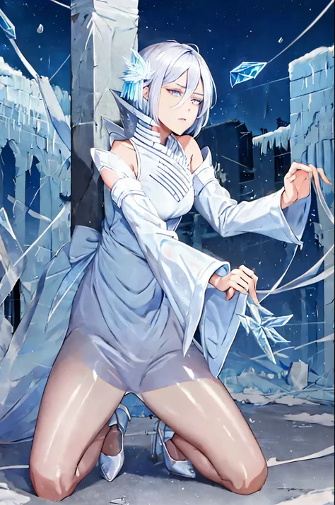 alone, short hair, hair accessories, hair between eyes, detached sleeves, ice pellets, detailed, intricate details, action pose,...