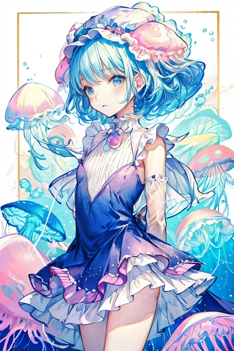 cute girl, flat chest, kawaii,(jellyfish girl:1.2), arms behind back, underwater, frilled dress, masterpiece, best quality, high quality, small bubbles