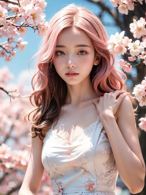 light pink hair, pink eyes, pink and white, cherry blossom leaves, bright colors, white dress, paint splashes, simple background...