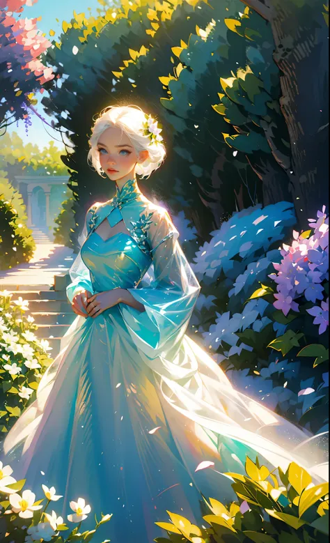 portrait, Fantasy, world, garden, a lot of vegetation, flowers, girl, short white hair, in a chic ball gown, Blue eyes, expressive breasts, hid in bushes of flowers, bunches of lilacs, peeks out from behind bushes of flowers