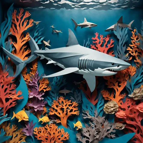 best quality,high resolution,Super detailed,actual,sharp focus,professional,Paper-cut art,Paper cutting technology,exquisite paper crafts,Beautiful paper art design,paper fish,paper shark,Bold and intricate paper cuts,Eye-catching and lifelike shark shapes...