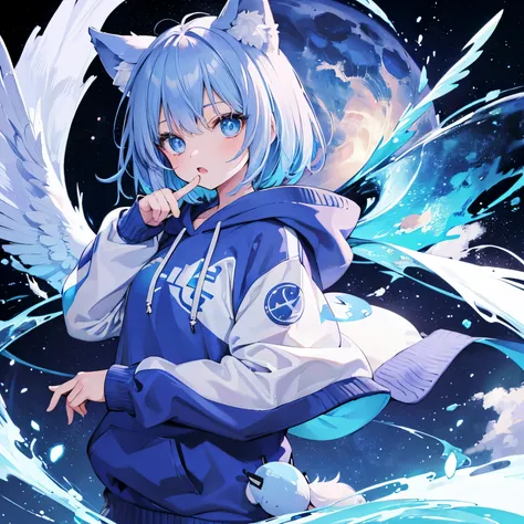 null,Milky Way, neutral character,Two-dimensional beautiful girl, one person,blue hair, animal ears, blue eyes, wing, bangs, wolf cut, Big hoodie,singing