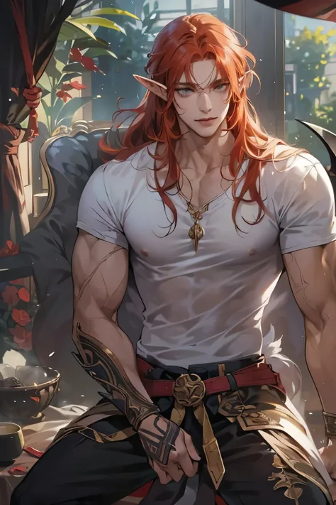 (table top, digital art, digital illustration, 4K, 8K, super detailed, beautiful images, clear image, realistic, RAW photo, perfect face, perfect lines, perfect eyes, soft lighting) 1 male human, (Red hair、long hair、amber eyes,messy hair、Bullish look,Smile...