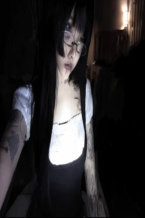 Woman with glasses and a white shirt in a dark room, cruel korean goth girl, 1 7 - year - old goth girl, pale gothic beauty, with black braids, 1 7 - year - old anime goth girl, tall estudante de arte emo feminina, corte de cabelo preto hime, goth girl, es...