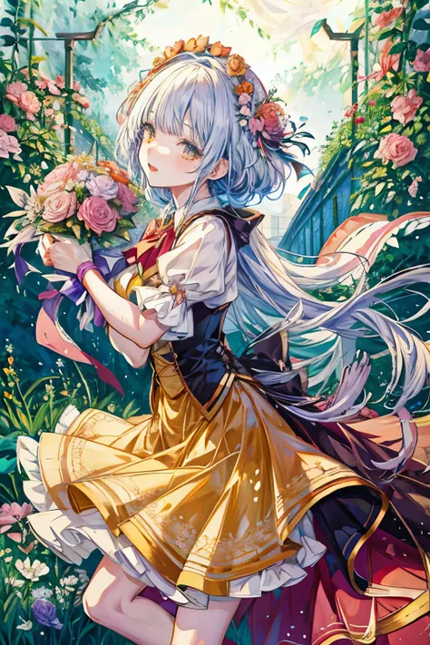 anime girl holding flowers, celebration, garden full of flowers, anime girl twirling, masterpiece, best quality, high quality 