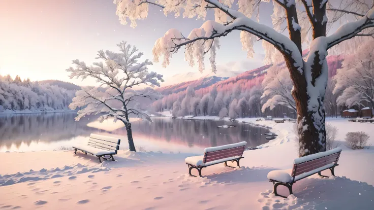 snowy scene of a bench and a tree by a lake, beautiful winter area, winter setting, beautiful wallpaper, warm beautiful scene, beautiful snowy landscape, cold but beautiful, beatiful backgrounds, hd wallpaper, winter atmosphere, very beautiful photo, snowy...