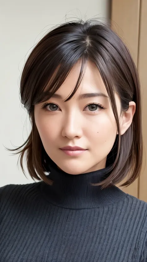 muste piece, best quality, High resolution, photoreaslistic, detailed face,front view,beautiful middle aged woman, face forward,upper body,medium hair, beautiful woman, turtleneck,Inspired by Masami Nakazawa、Inspired by Haruka Ayase