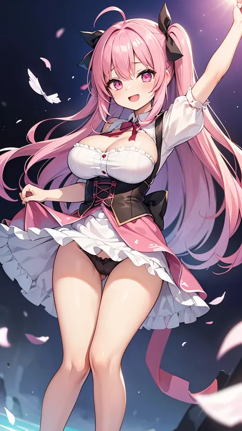 1 girl, game cg, pink frilly dirndl, hair ribbon, gigantic breasts, pink hair, long hair, straight hair, ahoge, pink eyes, smile, open mouth, dynamic, skirt lift, panties, fullbody,