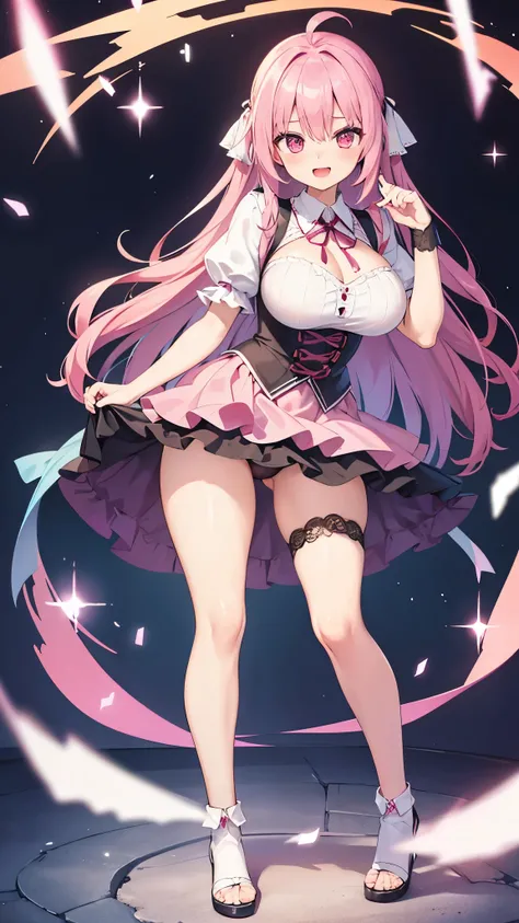 1 girl, game cg, pink frilly dirndl, hair ribbon, gigantic breasts, pink hair, long hair, straight hair, ahoge, pink eyes, smile, open mouth, dynamic, skirt lift, panties, fullbody,