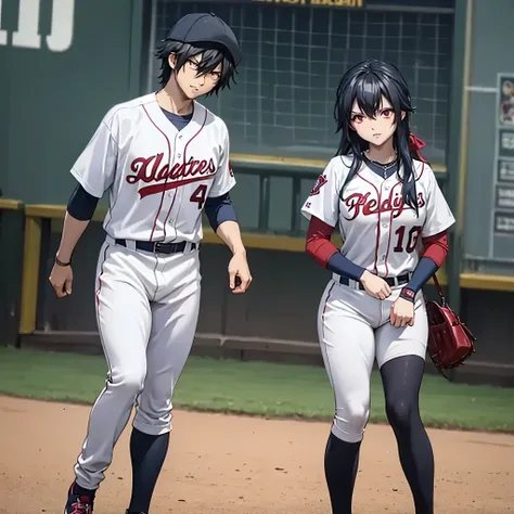 a man and a woman (red eyes) in baseball gear playing baseball together
