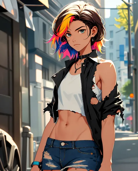 ((medium breast, tomboy girl,)),  (chiseled abs : 1.1), (perfect body : 1.1), (short wavy hair : 1.2) , auburn hair, collar, chain, full body shot, crowded street, wearing tanktop, jeans jacket, (torn clothes:1.3)((shorts)), (extremely detailed CG 8k wallp...