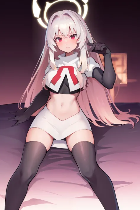 ((extreme detail)),(ultra-detailed),(painting), extremely detailed CG unity 8k wallpaper,best quality,sakurako, halo, looking at viewer, team rocket,team rocket uniform, red letter R, white skirt,white crop top,black thigh-highs,black elbow gloves,