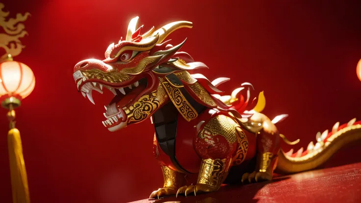 Chinese dragon，Spring Festival，red，Gold pattern，festive，cute，Rich in details，Friendly eyes，HD