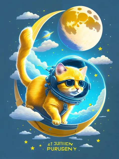 A yellow kitten flies a flying saucer in space, moon, Earth, T-shirt design, Rozmin trip, vector art,