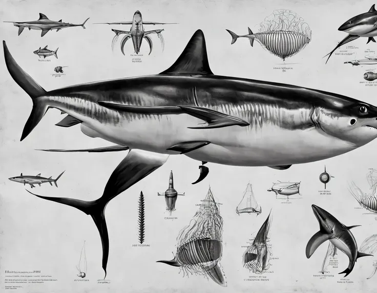 Shark technical sheet, detailed description and technical specifications, cuts and internal organs are visible, very detailed, high detail, black and white printed edition