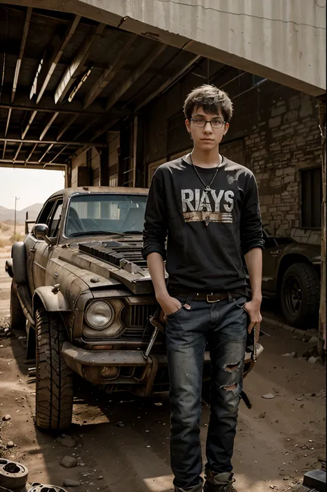 A thin teenage boy with glasses stands near Mad Max-style cars, cars with saws and spikes, in a rocky desert