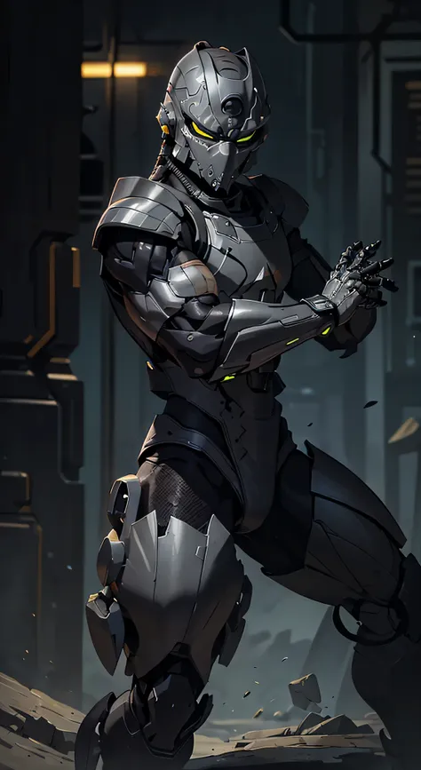 zxcrx, cyborg ninja wearing sleek, (grey and black armour:1.5) that incorporates various mechanical components, his face is cove...