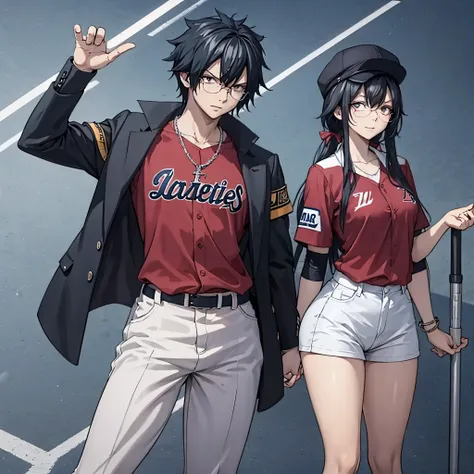 A man in a black baseball outfit together with a woman (eye red) in a baseball outfit on the baseball field
