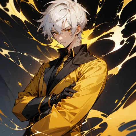 Anime male, teenager, handsome, fair-skinned, resolute eyes, white hair, short hair, deep golden eyes, powerful, black suit with black gloves, golden clothes, royal style, flame, crossed arms, dark background