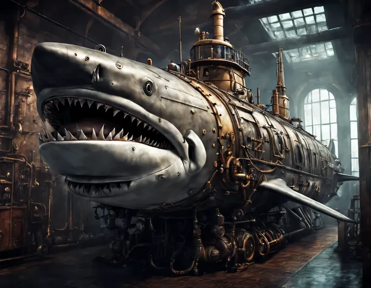 Steampunk submarine drawing, looks like a big shark, shark submarine, steampunk shark submarine, high detail, cinematic treatment, Realistic photo