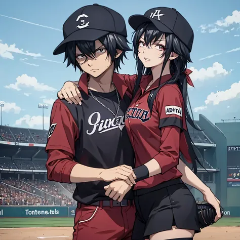 a man in a black baseball outfit together with a woman (eye red) in a baseball outfit on the baseball field