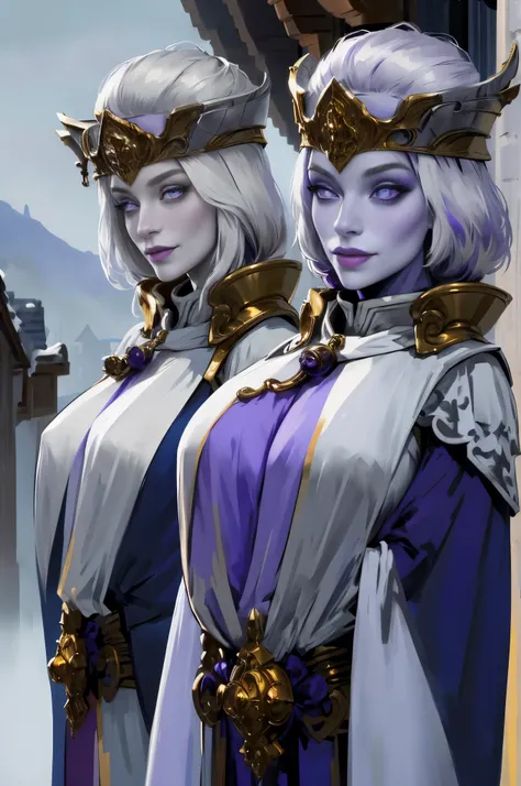 (triplets)(chest covered)(smile)gray skin, pale golden hair and violet eyes. they prefer clothing of white and silver with cloak...