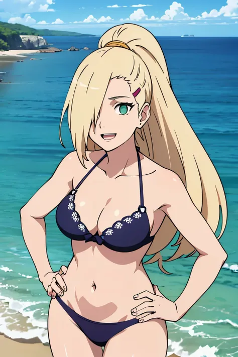 random angles, simple bikini, (standing), (hands on hips), Ino yamanaka, looking above, ultra detailed face, sunny day, day time, anime style, solo, (white simple bikini), detailed beach side, cleavage, (medium breasts), blonde, ((one eye covered with hair...