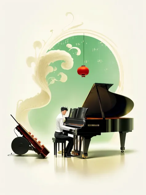 a man playing a piano in a flat style, piano家, playing piano, Lunar New Year&#39;s eve，festival，red lanterns and fireworks，piano in the background, masterful work!!!, Music currently playing, energetic jazz piano portrait, spectacular work, graphic musical...