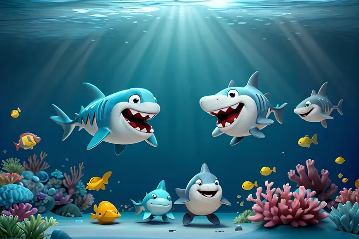 cartoon plot depicting a kind cartoon shark in the underwater world, 2 kind cartoon sharks and 1 hammerhead shark are having fun...