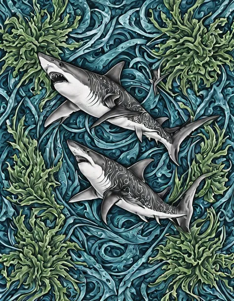 tattoo design, 2 sharks framed by intertwined seaweed, smooth lines. complex weave, high detail, super sharpness